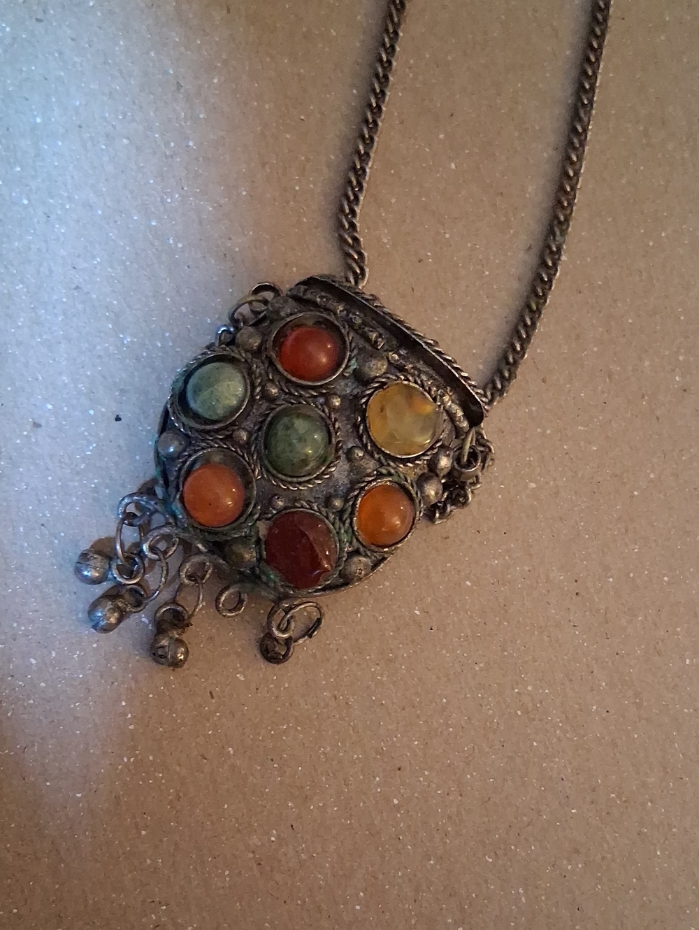 Multi-Stone Boho Pendant Necklace . Vintag Tribal Afghan Kuchi Metal Prayer Ston